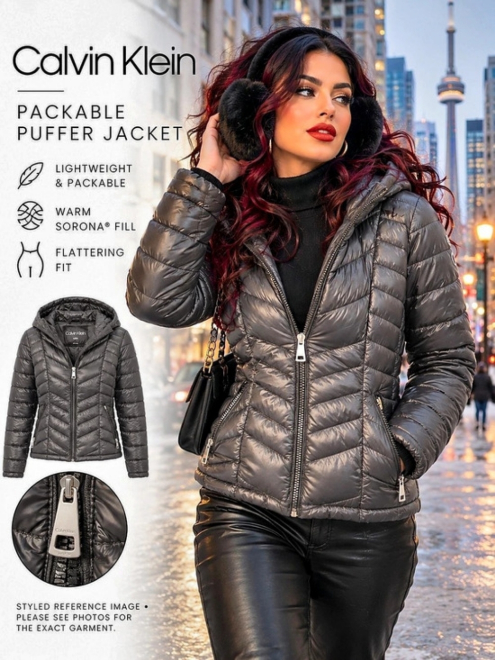 Calvin Klein Packable Hooded Chevron Puffer Jacket Black Medium